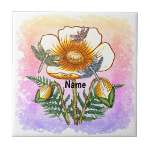 Dragonfly Yellow Poppy Ceramic Tile