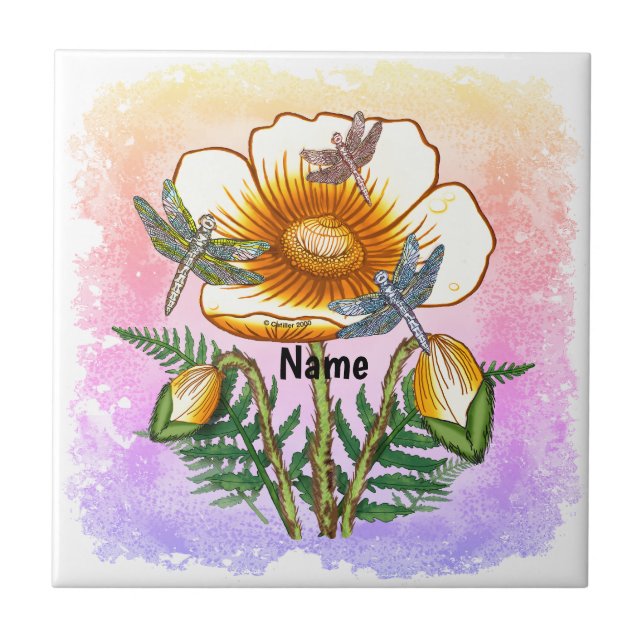 Dragonfly Yellow Poppy  Ceramic Tile (Front)