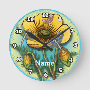 Dragonfly yellow Poppy Round Clock