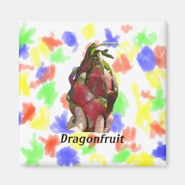 Dragonfruit held in fingers with text photo Pitaya Magnet (Front)