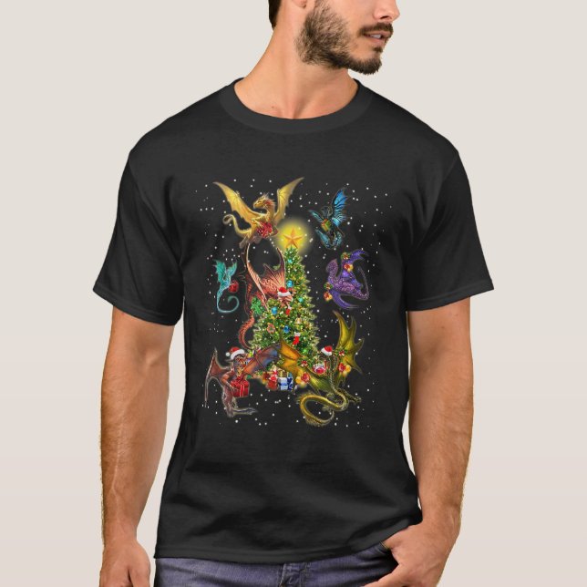 Dragons Around Christmas Tree Christmas T-Shirt (Front)