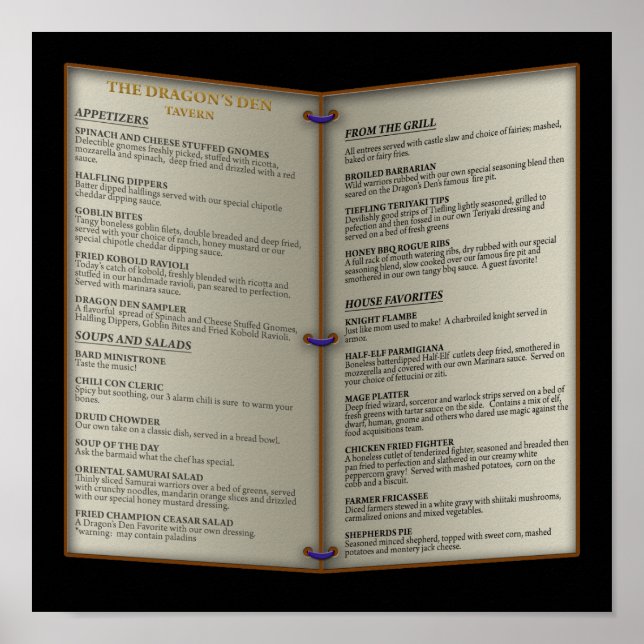 Dragon's Den Tavern Menu Poster (Front)