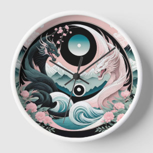 Dragons Floral Mountain Pink Sage Teal Clock