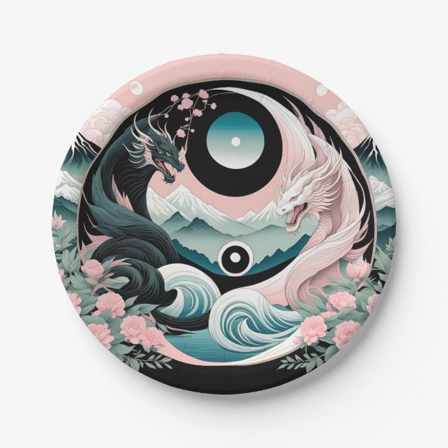 Dragons Floral Mountain Pink Sage Teal Paper Plate (Front)