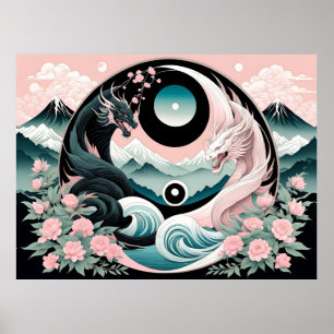 Dragons Floral Mountain Pink Sage Teal Poster