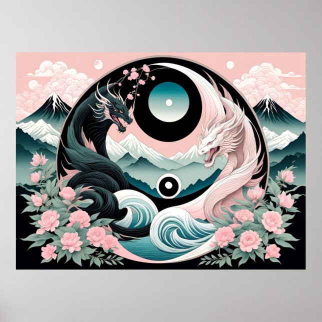 Dragons Floral Mountain Pink Sage Teal Poster (Front)