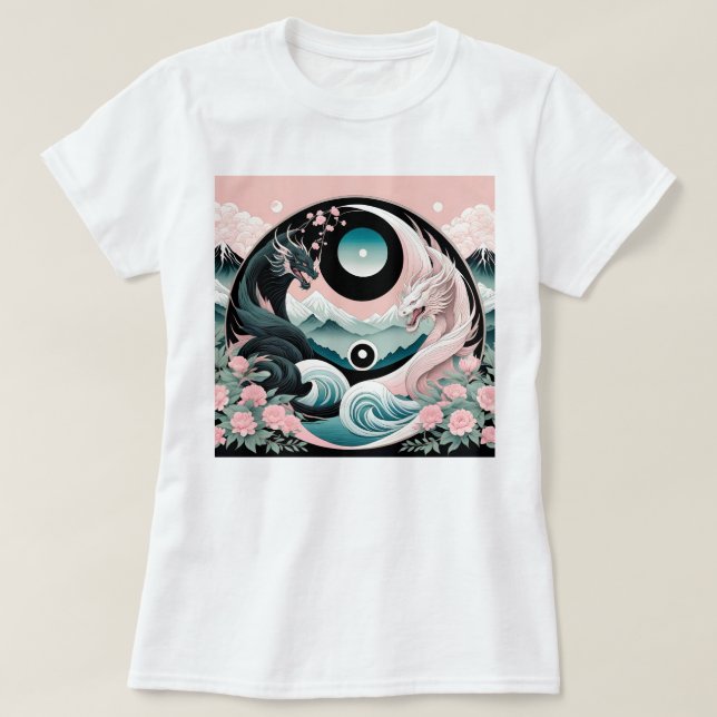Dragons Floral Mountain Pink Sage Teal T-Shirt (Design Front)