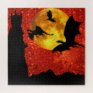 Dragons flying, cliff castle, full moon,  sunrise jigsaw puzzle