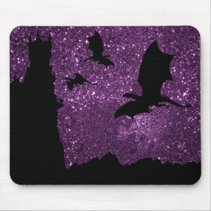 Dragons flying, Fantasy purple sky cliff castle Mouse Pad