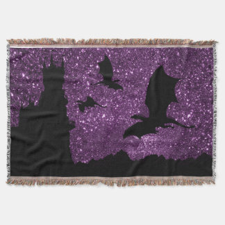 Dragons flying, Fantasy purple sky cliff castle Throw Blanket