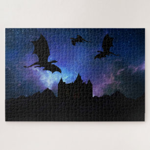 Dragons flying, midnight starry sky dragon castle jigsaw puzzle
