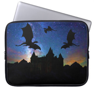 Dragons flying, midnight starry sky dragon castle laptop sleeve