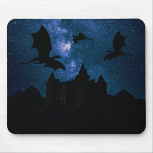 Dragons flying, midnight starry sky dragon castle mouse pad