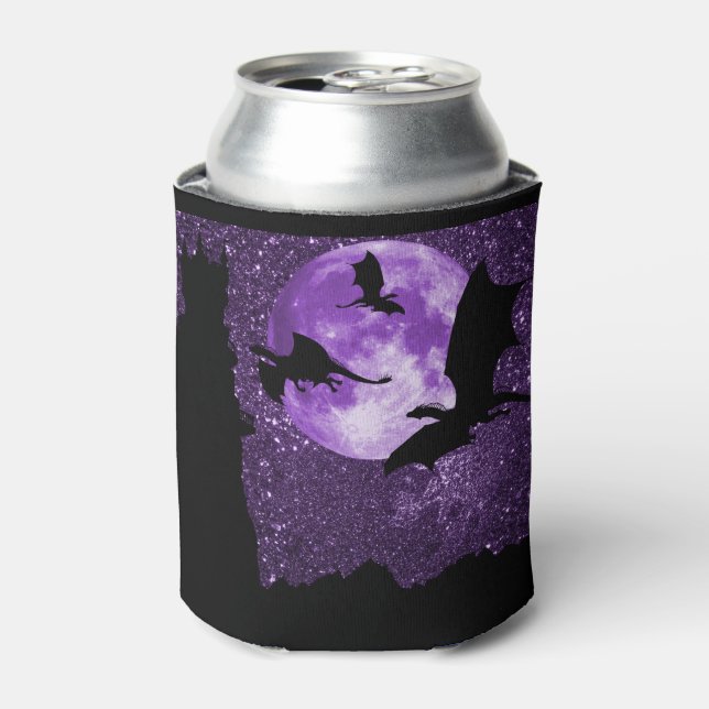 Dragons flying, sparkle midnight,mountain castle can cooler (Can Front)