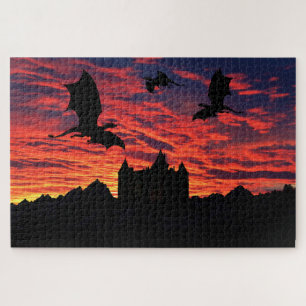 Dragons flying, sunrise/sunset sky dragon castle jigsaw puzzle