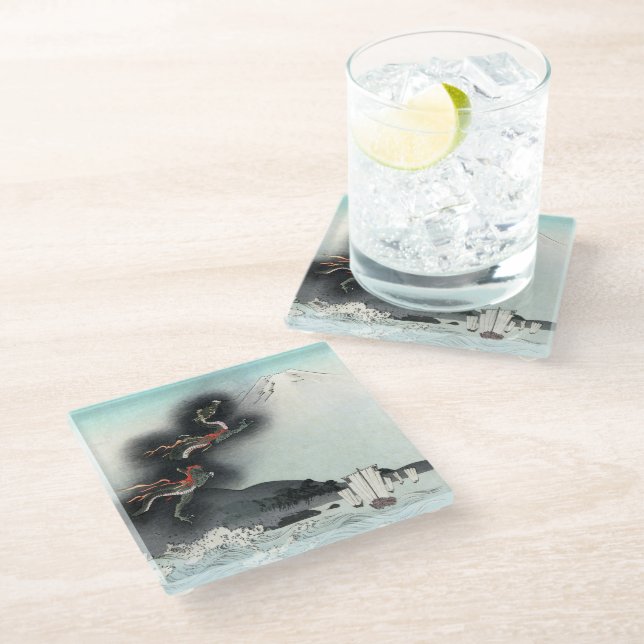Dragon's Fury Sea Battle for Mount Fuji, Japan Glass Coaster (Angled)