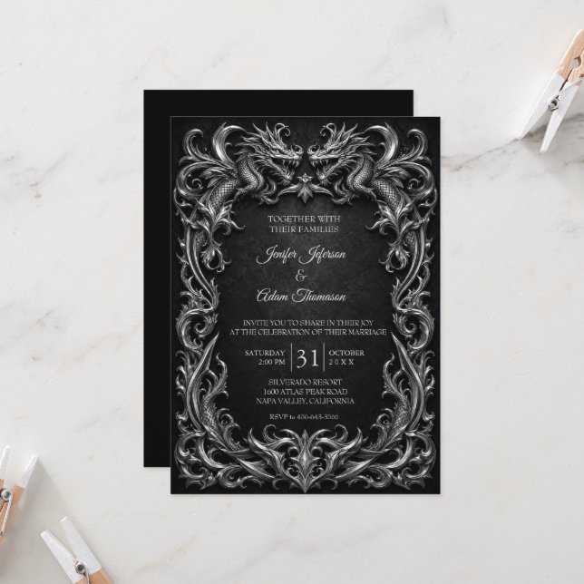 Dragons Gothic Halloween Wedding Invitation (Front/Back In Situ)
