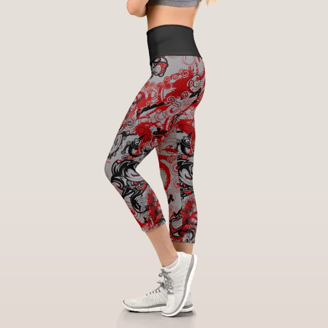 Dragons Grungy Abstract Art Red Black Grey Capri Leggings (Left)