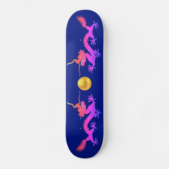 Dragons in pink, red and blue shades on blue skateboard (Front)