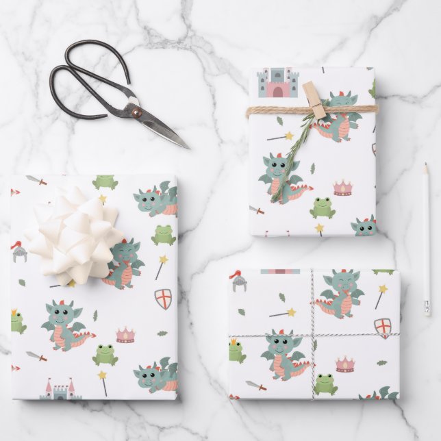 Dragons Knights Fairytale Mediaeval Castle Wrapping Paper Sheet (Front)