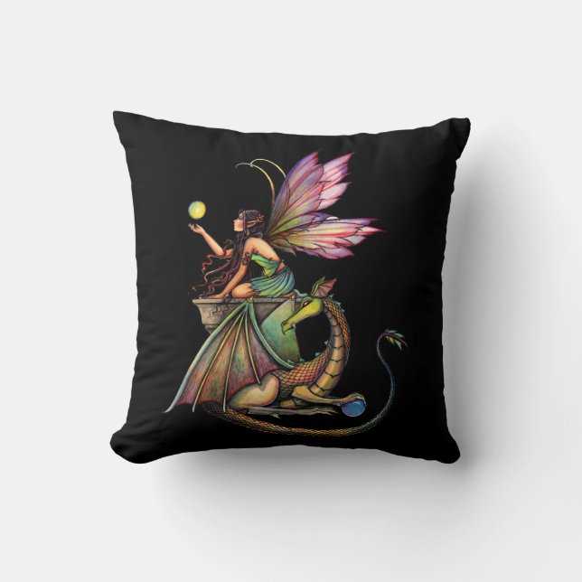 Dragon's Orbs Faerie Fairy and Dragon Throw Pillow (Front)