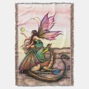 Dragon's Orbs Fairy and Dragon Art Throw Blanket