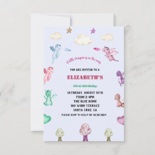 Dragons Watercolor girl Birthday Invitation