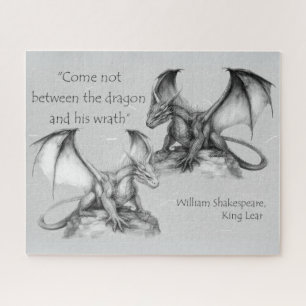 Dragons with King Lear quote black, grey, white   Jigsaw Puzzle