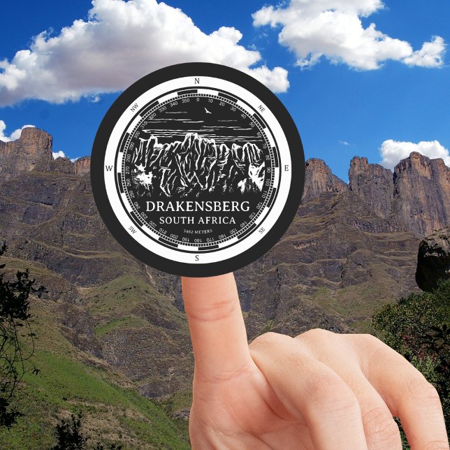 Drakensberg Mountains - South Africa  Classic Round Sticker (Drakensberg Mountains Round Sticker in Back with a white compass and mountain illustration)