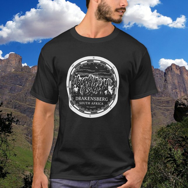 Drakensberg Mountains - South Africa  T-Shirt (Drakensberg Mountains T-Shirt in Back with a white compass and mountain illustration)