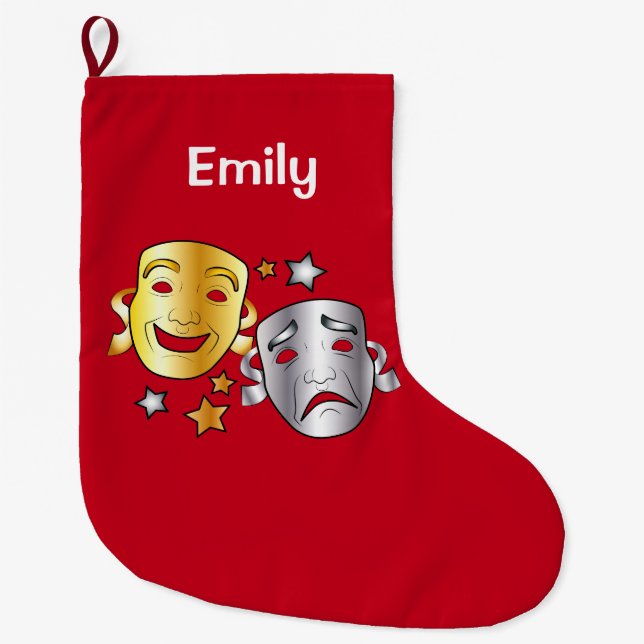 Drama Masks Gold and Silver Name Customisable Large Christmas Stocking (Front)