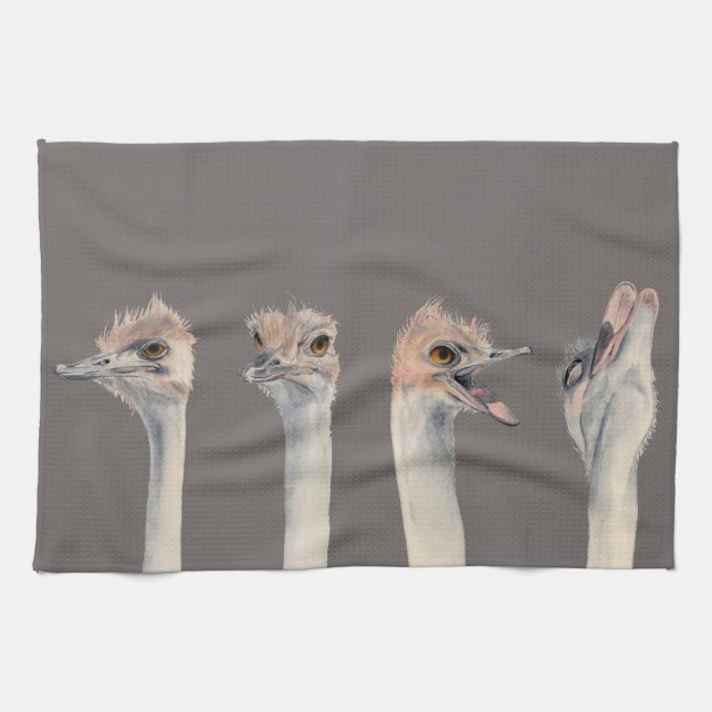 "Drama Queen" Funny Ostriches Painting Tea Towel (Horizontal)