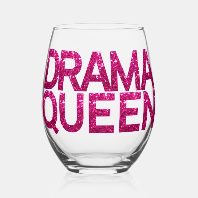 Drama Queen Hot Pink Glitter  Stemless Wine Glass (Front)