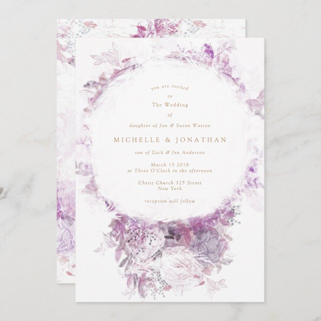 Dramatic Antique Purple Flowers Wedding Invitation (Front/Back)