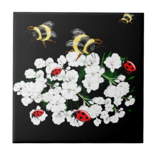 Dramatic Bees ladybugs and white flowers on black Ceramic Tile