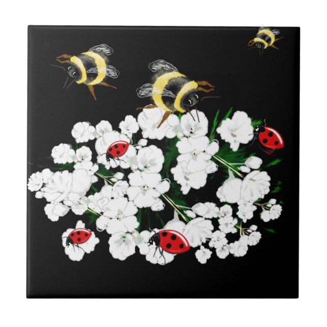 Dramatic Bees ladybugs and white flowers on black Ceramic Tile (Front)