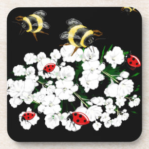 Dramatic Bees ladybugs and white flowers on black Coaster