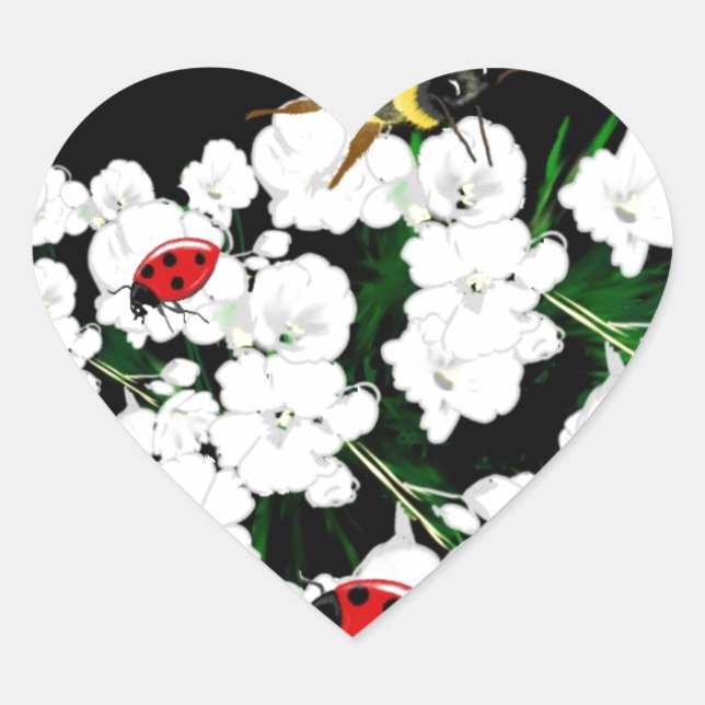 Dramatic Bees ladybugs and white flowers on black Heart Sticker (Front)