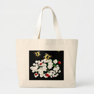Dramatic Bees ladybugs and white flowers on black Large Tote Bag