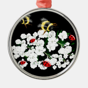 Dramatic Bees ladybugs and white flowers on black Metal Ornament