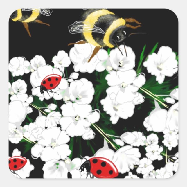 Dramatic Bees ladybugs and white flowers on black Square Sticker (Front)