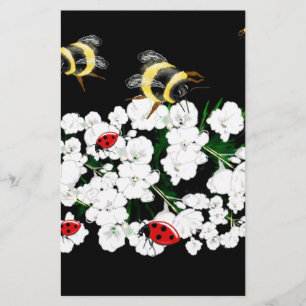 Dramatic Bees ladybugs and white flowers on black Stationery