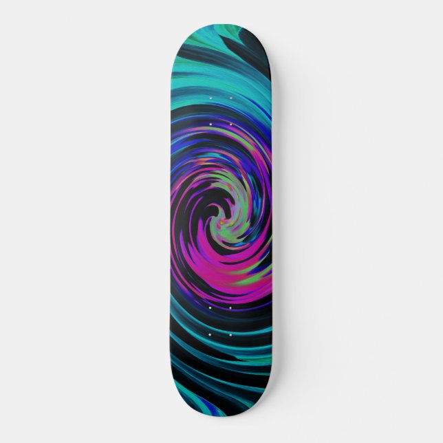 Dramatic Black and Turquoise Abstract Retro Twirl Skateboard (Front)