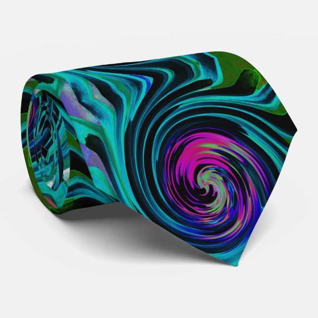 Dramatic Black and Turquoise Abstract Retro Twirl Tie (Rolled)