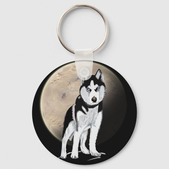 Dramatic Black and White Husky against Full Moon Key Ring (Front)