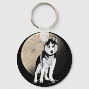 Dramatic Black and White Husky against Full Moon Key Ring