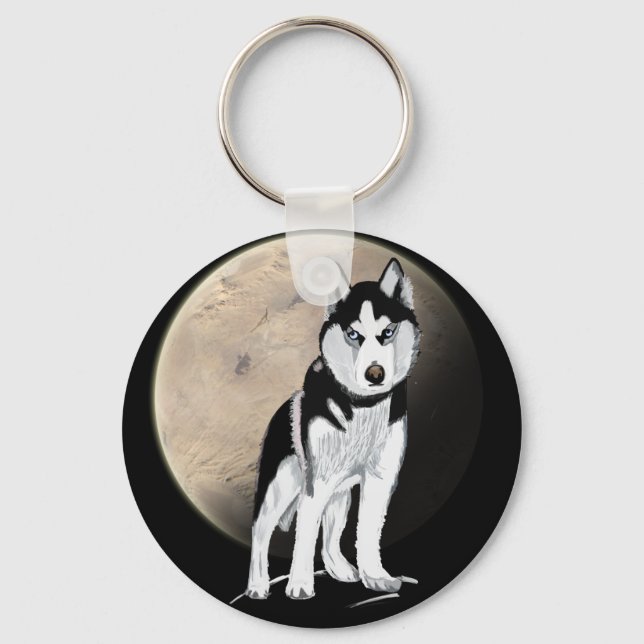 Dramatic Black and White Husky against Full Moon Key Ring (Front)