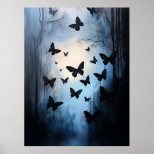 Dramatic Black Butterflies Blue Sky Abstract Art Poster