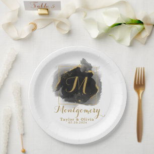 Dramatic Black & Gold Wedding Monogram Paper Plate