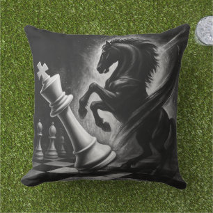 Dramatic Black Horse vs. King – Bold Chess Artwork Cushion